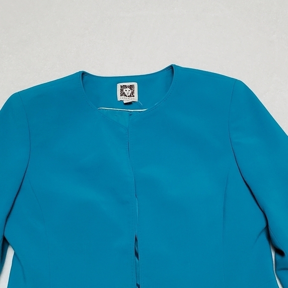 VINTAGE 90s Anne Klein Turquoise Blazer Abstract Silk A-line Skirt Set Outfit - Picture 8 of 16